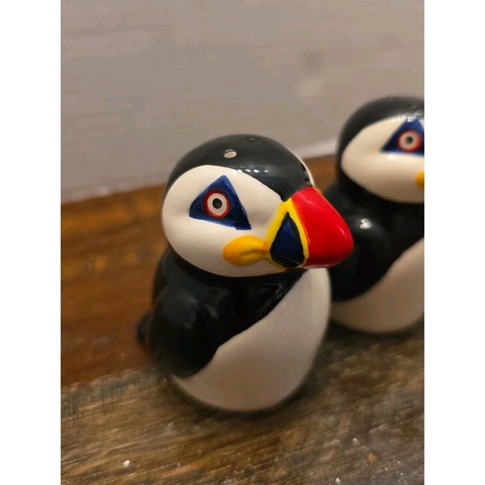 Hand Painted Ceramic Puffin Salt & Pepper Shaker Set Nautical Coastal Birds